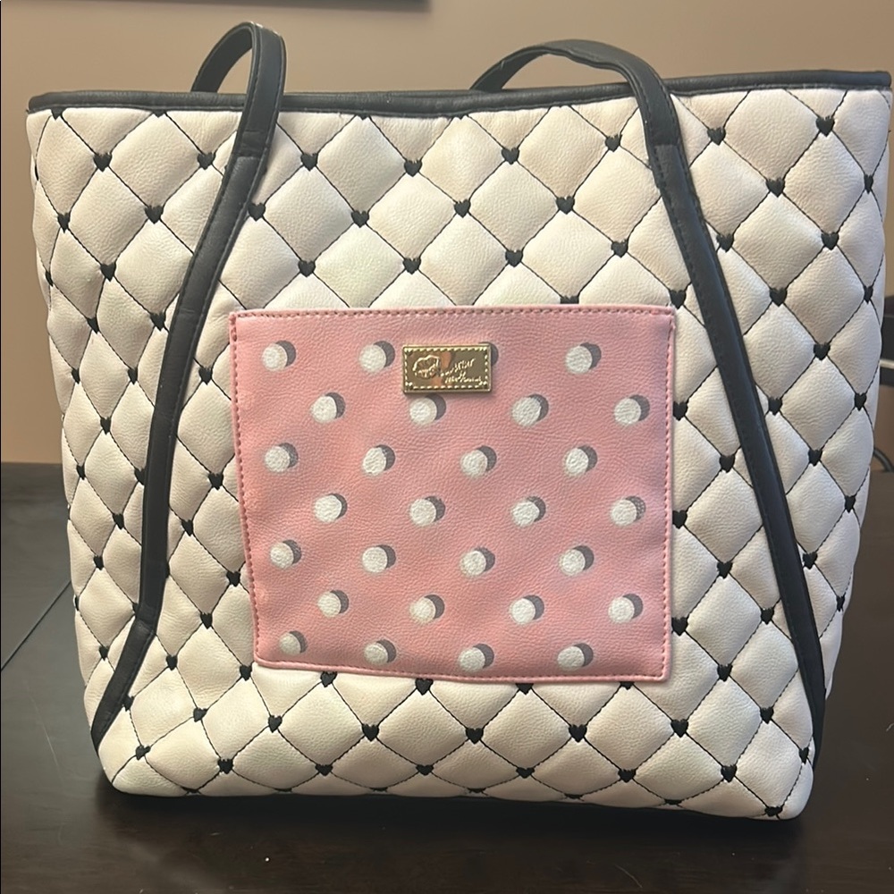Luv Betsey Chic Quilted Tote Bag with Pink Polka Dot Pocket
